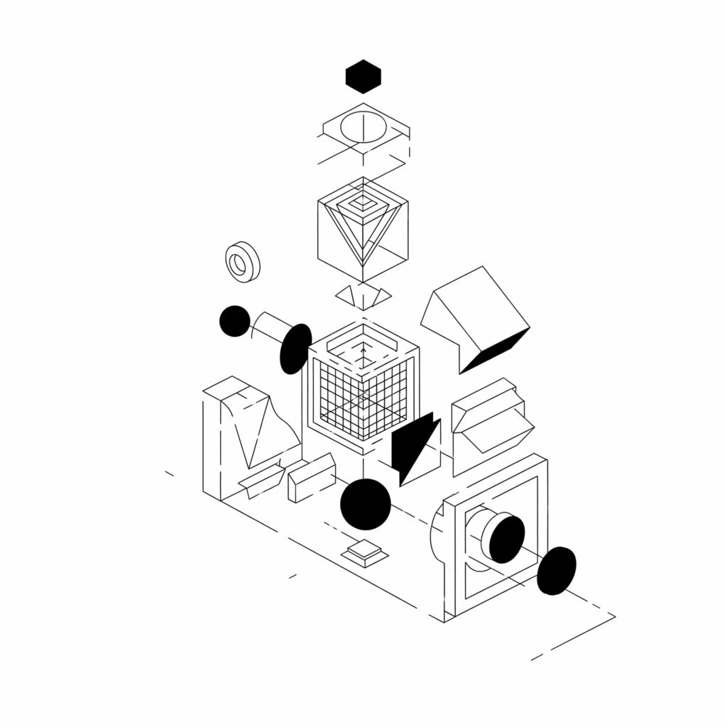 A complex machine being broken into its individual parts, in a diagram like image.